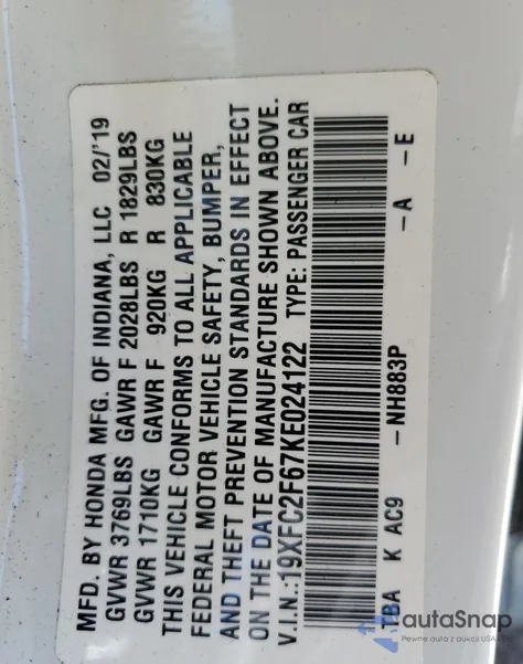 2019 Honda Civic Lx from USA, damaged, VIN 19XFC2F67KE024122